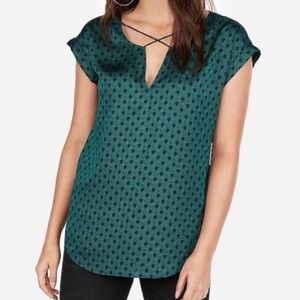 Express Women's green printed short sleeve blouse with crisscross detail v-neck